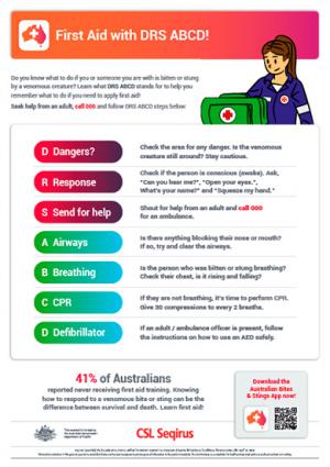 Bites and Stings first aid DRS ABCD poster
